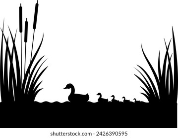 Silhouette of reeds, lake, swimming duck with ducklings. Vector illustration in flat style.