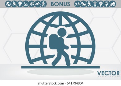 Silhouette refugee walking  icon vector illustration eps10. Isolated badge immigrant flat design for website or app - stock graphics