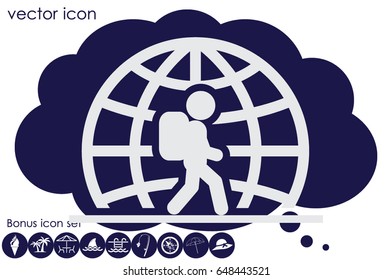 Silhouette refugee walking  icon vector illustration eps10. Isolated badge immigrant flat design for website or app - stock graphics