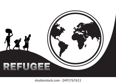 silhouette of refugee and world. black and white illustration of refugee.