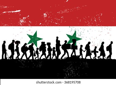 Silhouette Of Refugees People Walking With Flag Of Syria As A Background