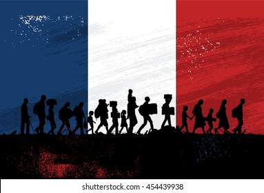 Silhouette of refugees walking with a flag of France as a background