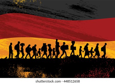 Silhouette of refugees walking with Flag of Germany as a background svg