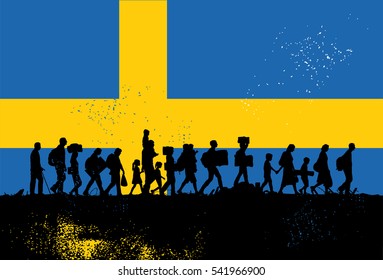 Silhouette of refugees walking with Flag of Sweden as a background, vector