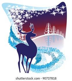 A silhouette of a reindeer in a decorative winter background