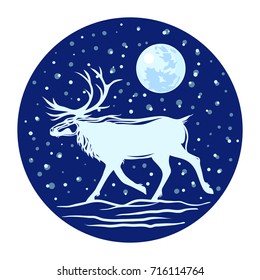 Silhouette of a reindeer with horns against the background of the night sky and the moon