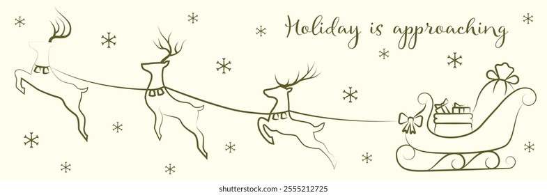 Silhouette of reindeer and sleigh in thin line. Christmas celebration. EPS 10.