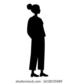 Silhouette of a relaxed woman with bun hairstyle, standing with hands in pockets. Calm and casual female figure. Black and white vector illustration