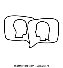 silhouette relief rectangular speech with dialogue between man and woman vector illustration