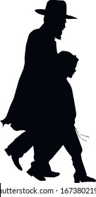 Silhouette of a religious Jew with a child. Father and son are walking along the road. People in traditional clothes. Isolated vector illustration Black on white.