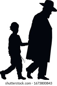 Silhouette of a religious Jew with a child. Grandfather and grandson are walking in the park. People in traditional clothes. Isolated vector illustration Black on white.