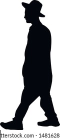 Silhouette of a religious Jew in a hat going to the synagogue. A Jew in a traditional costume looks forward. Hasid in and hat. Isolated vector illustration Black on white.