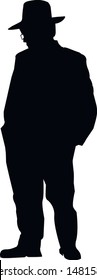 Silhouette of a religious Jew in Jerusalem. Pensive Jew in a traditional costume. Hasid in a long coat and hat. Isolated vector illustration Black on white.