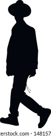 Silhouette of a religious Jew in Jerusalem. Jew in a traditional costume. Hasid with in a long frock coat and hat. Isolated vector illustration Black on white.