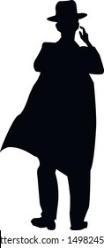 Silhouette of a religious jew. Katan and tzitzit are dressed in a Jew. Man in a hat and coat. Young Hasidic Jew in traditional dress. Isolated vector illustration Black on white.