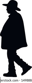 Silhouette of a religious jew. Katan and tzitzit are dressed on a young man. Jew in a hat. Young hasid jew in traditional clothes. Isolated vector illustration Black on white.