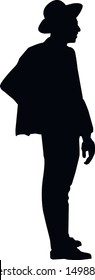 Silhouette of a religious jew. Katan and tzitzit are dressed on a young man. Jew in hat looks up. Young hasid jew in traditional clothes. Isolated vector illustration Black on white.