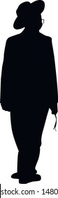 Silhouette of a religious Jew walking in the city. Jew in a traditional costume. Hasid with sidelocks in a long frock coat and hat. Isolated vector illustration. Black on white.