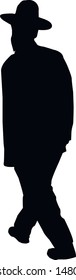 Silhouette of a religious Jewish man in a hat. Religious Jew in a traditional costume. Hasid with sidelocks in a long frock coat and hat. Isolated vector illustration. Black on white.