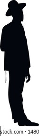 Silhouette of a religious Jewish man in a hat. Jew in a traditional costume. Hasid with sidelocks in a long frock coat and hat. Isolated vector illustration. Black on white.