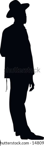 Silhouette of a religious Jewish man in a hat. Jew in a traditional costume. Hasid with sidelocks in a long frock coat and hat. Isolated vector illustration. Black on white.