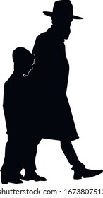 Silhouette of a religious young jew with a boy. Father and son are walking along the street. A man in a hat and coat. People in traditional clothes. Isolated vector illustration Black on white.