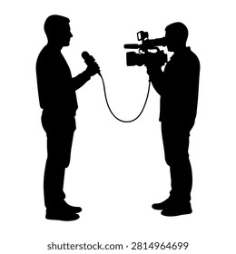 Silhouette of a reporter being interviewed by a cameraman capturing the moment with a microphone and video camera.