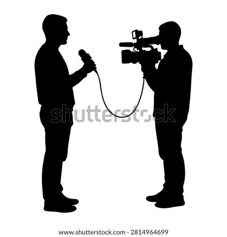 Silhouette of a reporter being interviewed by a cameraman capturing the moment with a microphone and video camera.