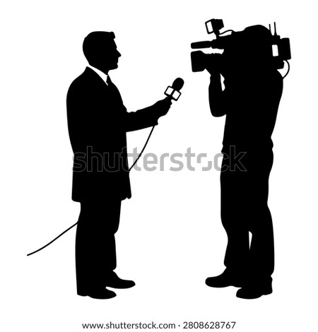 Silhouette of a reporter conducting an interview with a camera crew capturing the scene, emphasizing journalism and media coverage.