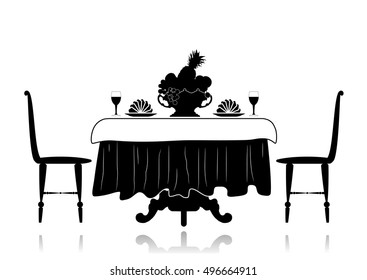 Silhouette restaurant table with chairs, a tablecloth, a vase with fruit, napkins and glasses.