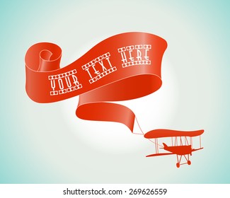 Silhouette of a retro airplane with ribbon in the sky. Banner with place for your text.