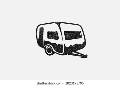 Silhouette of retro camper designed as emblem road trip in countryside hand drawn stamp effect vector illustration. Vintage grunge texture on old paper for poster or label decoration.