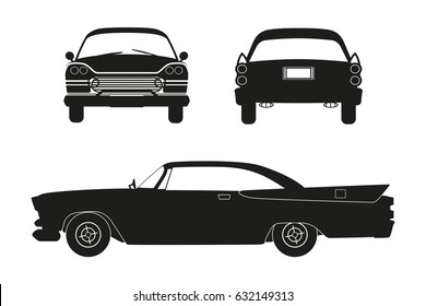 Silhouette of retro car. Vintage cabriolet. Front, side and back view. Vector illustration