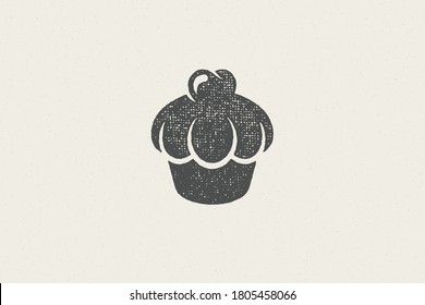 Silhouette of retro emblem of delicious cupcake with cream as symbol for bakery hand drawn stamp effect vector illustration. Vintage grunge texture for packaging and menu design or label decoration.