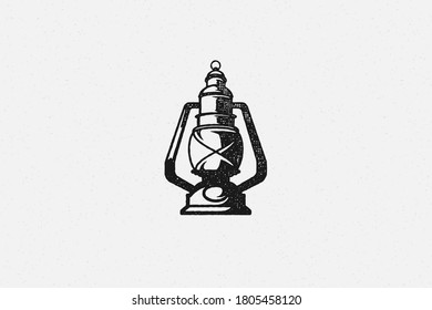 Silhouette of retro lantern designed as symbol travel and nature exploration hand drawn stamp effect vector illustration. Vintage grunge texture on old paper for poster or label decoration.