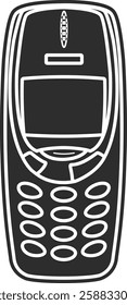 Silhouette of a retro phone with buttons and a small screen, icon of an old phone silhouette in black.