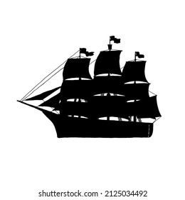 Silhouette retro sailboat. Ship with sails black outline isolated illustration.