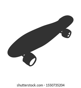 Silhouette retro skateboard icon. Active sport accessories. Street sports element. Black silhouette icon isolated on white background.