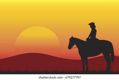 Silhouette of retro wild west cowboy on horse in desert. sunset in prairie, illustration,vector
