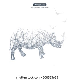silhouette of rhino in forest background, vector illustration