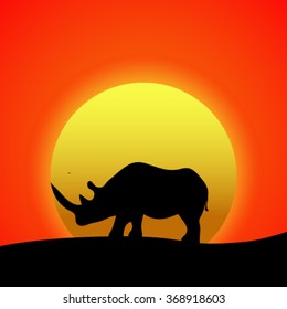 Silhouette of rhino at sunset.