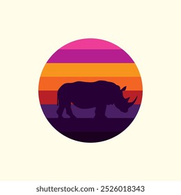 Silhouette of a rhinoceros against a striped retro sunset. Original vector illustration in vintage style isolated on light background. T-shirt design. Hand drawn, not AI