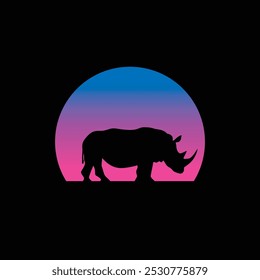 Silhouette of a rhinoceros against a striped retro sunset. Original vector illustration in vintage style isolated on light background. T-shirt design. Hand drawn, not AI