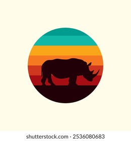 Silhouette of a rhinoceros against a striped retro sunset. Original vector illustration in vintage style isolated on light background. T-shirt design. Hand drawn, not AI