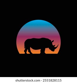 Silhouette of a rhinoceros against a striped retro sunset. Original vector illustration in vintage style. T-shirt design. Hand drawn, not AI