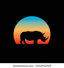 Silhouette of a rhinoceros against a striped retro sunset. Original vector illustration in vintage style. T-shirt design. Hand drawn, not AI