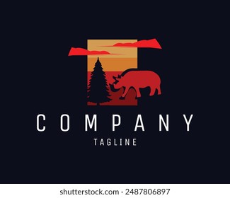 the silhouette of a rhinoceros logo in the middle of a forest appears from the side with great inspiration. it looks so beautiful with the amazing red sky. best for logo, badge, emblem, icon, sticker 