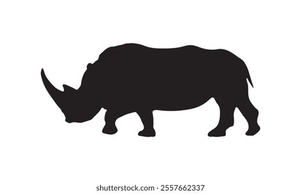 Silhouette of a rhinoceros with prominent horns against a plain white background, emphasizing its strength and unique shape.