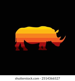 The silhouette of a rhinoceros in a retro sunset. Hand drawn, not AI