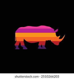 The silhouette of a rhinoceros in a retro sunset. Original vector illustration in vintage styl. Hand drawn, not AI